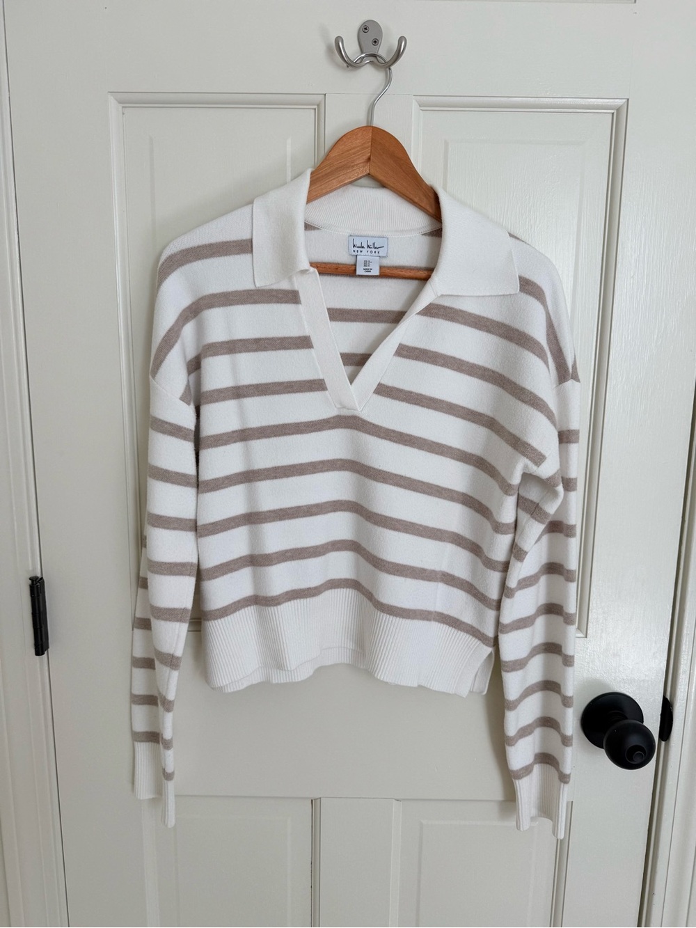 Nicole Miller Striped Polo V-Neck Sweater